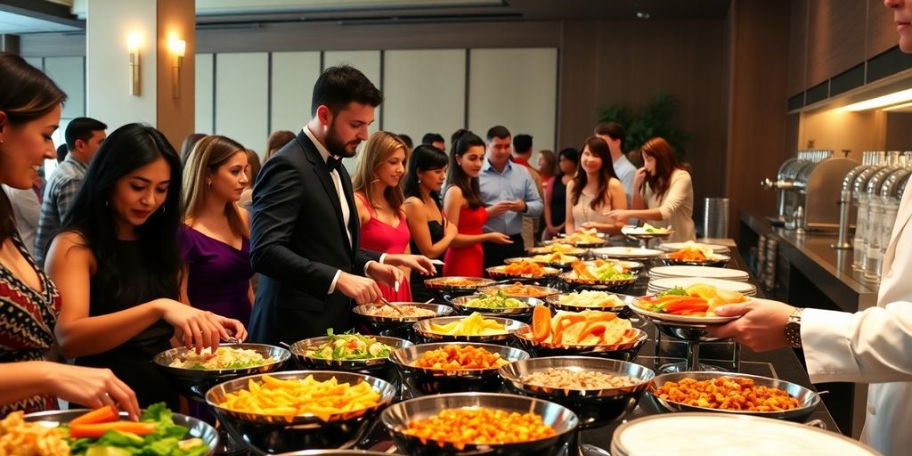 Cateringbuffet met mensen die zichzelf bedienen