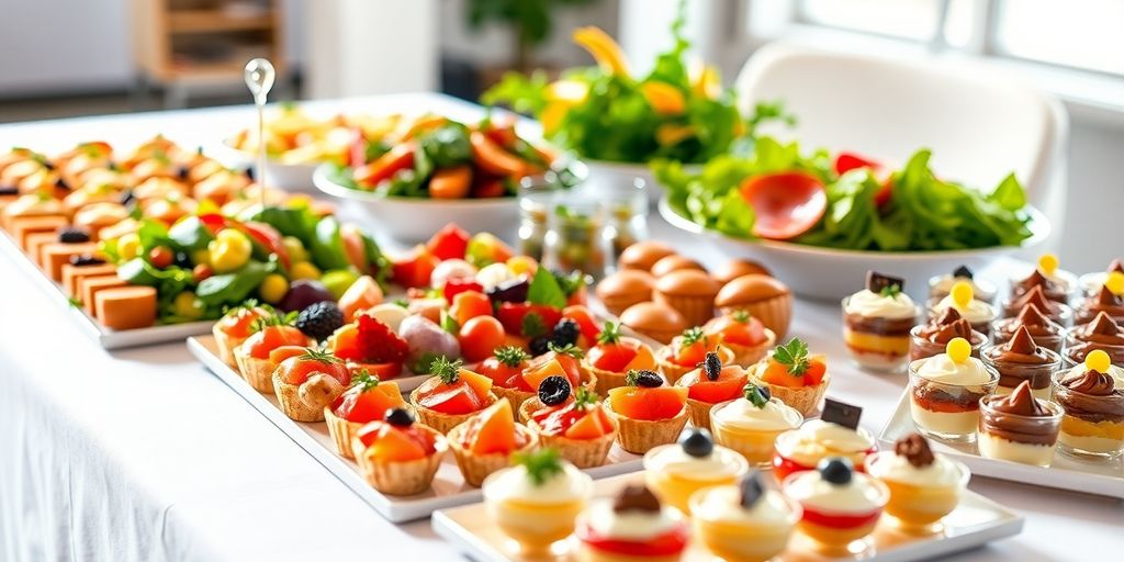Cateringmaaltijden gepresenteerd op een stijlvolle bedrijfsbijeenkomst.
