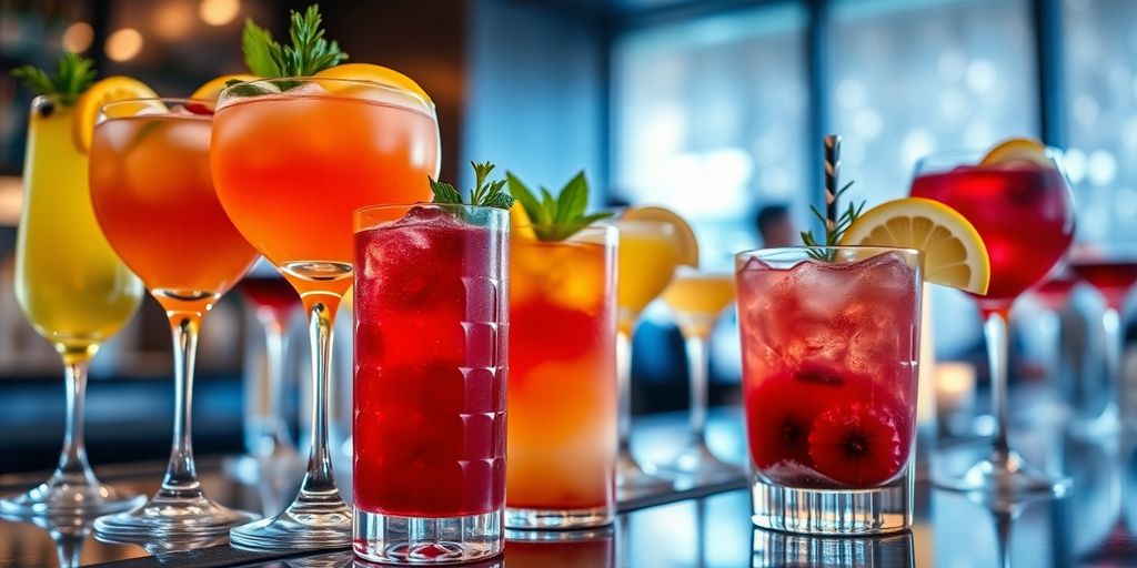 Stijlvolle cocktailbar met kleurrijke drankjes.